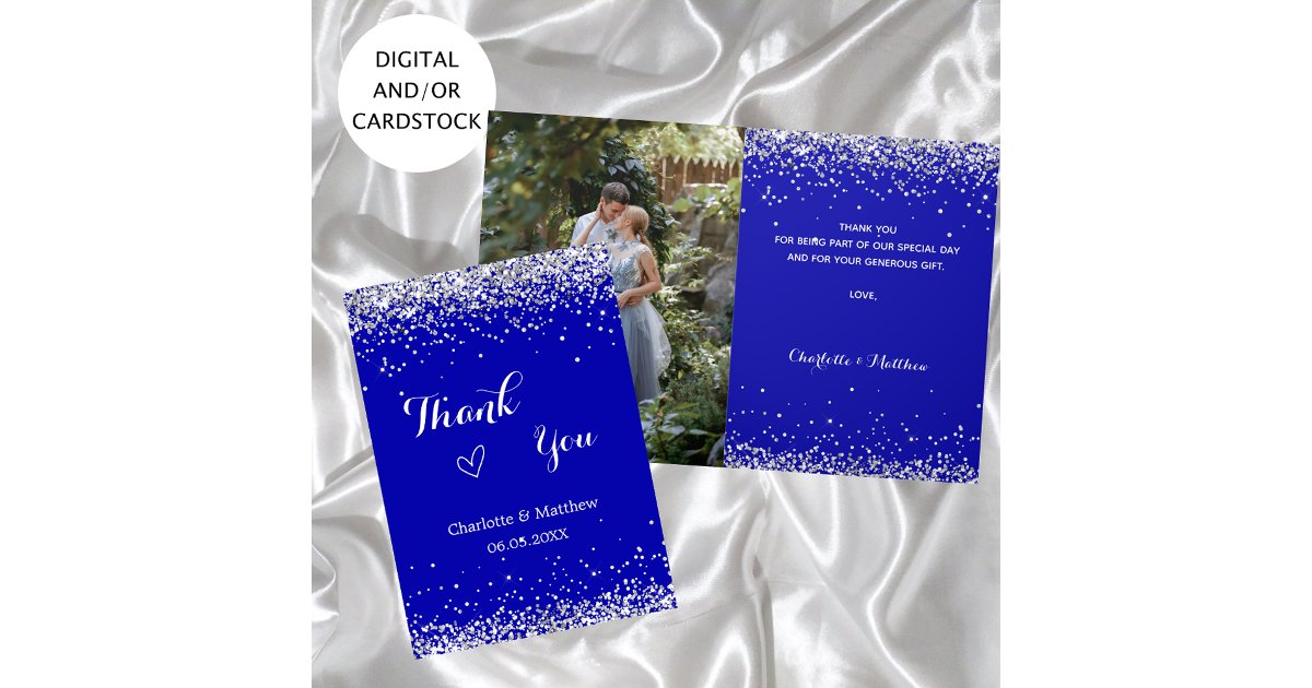 Royal blue silver photo wedding thank you card | Zazzle