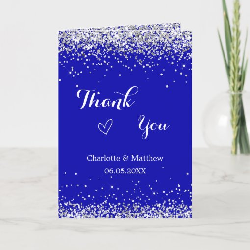 Royal blue silver photo wedding thank you card | Zazzle