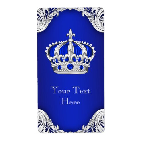 Royal Blue Silver Prince Crown Wine Bottle Label