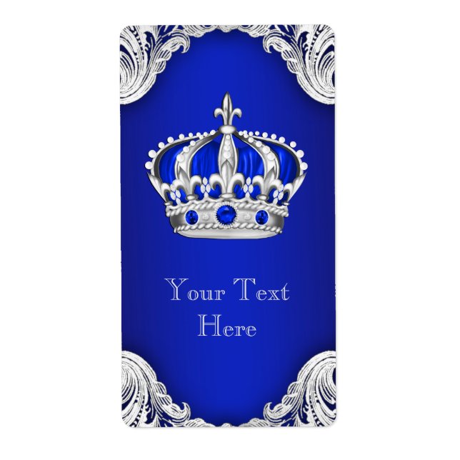 Royal Blue Silver Prince Crown Wine Bottle Label (Front)