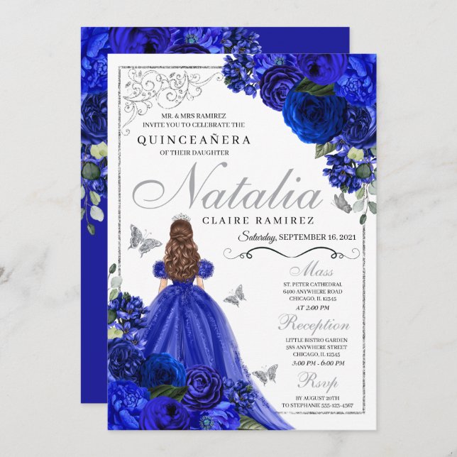 Royal Blue Silver Princess Butterflies Quinceañera Invitation (Front/Back)