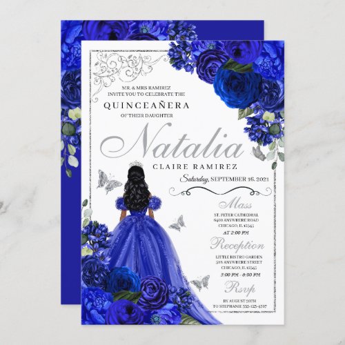 Royal Blue Silver Princess Butterflies Quinceaera Invitation