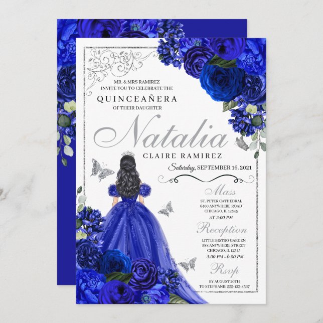 Royal Blue Silver Princess Butterflies Quinceañera Invitation (Front/Back)