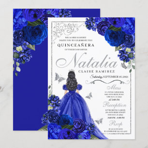 Royal Blue Silver Princess Butterflies Quinceañera Invitation