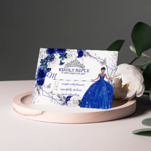 Royal Blue Silver Princess Quinceañera Sweet 16 RSVP Card