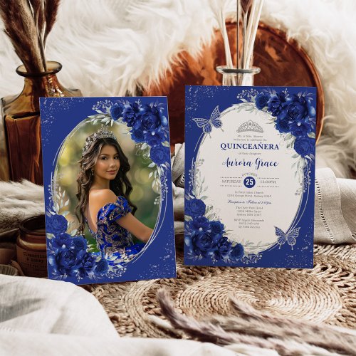 Royal Blue Silver Quinceaera 15th Birthday Photo Invitation