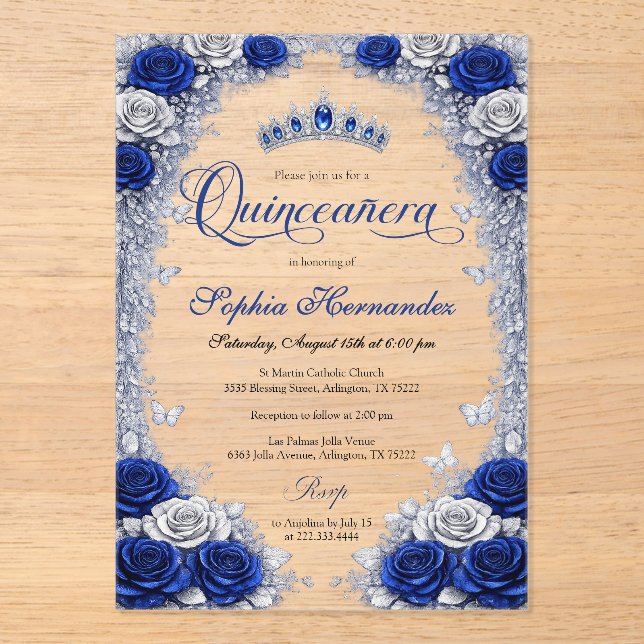 Royal Blue & Silver Quinceanera  Acrylic Invitations (Front)
