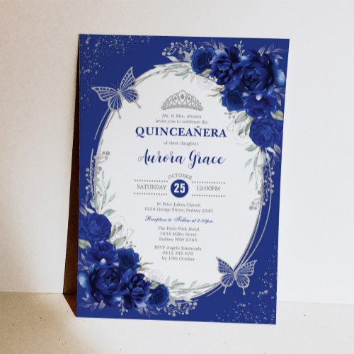 Royal Blue Silver Quinceaera Mis Quince 15 Anos Invitation