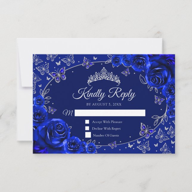 Royal Blue Silver Quinceanera Reply RSVP Card (Front)