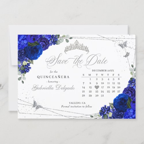 Royal Blue  Silver Quinceaera Save The Date Invitation
