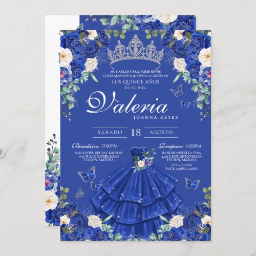 Royal Blue Silver Rose Elegant Princess Quinces Invitation
