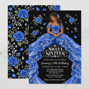 Royal Blue Silver Rose Sweet Sixteen Birthday Invitation