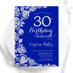 Royal Blue Silver Roses 30th Birthday Party Invitation<br><div class="desc">Royal blue silver floral 30th birthday party invitation. Elegant design featuring roses,  faux silver foil and typography script font. Trendy invite card perfect for a stylish female bday celebration. Can be customized to any age. Printed Zazzle invitations or instant download digital printable template.</div>