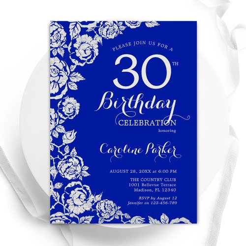 Royal Blue Silver Roses 30th Birthday Party Invitation