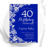 Royal Blue Silver Roses 40th Birthday Party Invitation<br><div class="desc">Royal blue silver floral 40th birthday party invitation. Elegant design featuring roses,  faux silver foil and typography script font. Trendy invite card perfect for a stylish female bday celebration. Can be customized to any age. Printed Zazzle invitations or instant download digital printable template.</div>