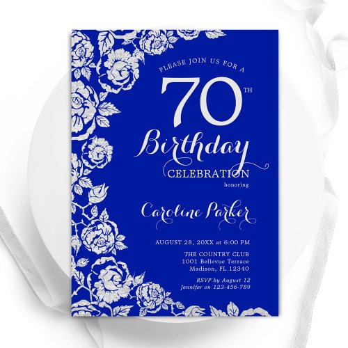 Royal Blue Silver Roses 70th Birthday Party Invitation