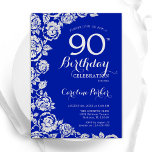 Royal Blue Silver Roses 90th Birthday Party Invitation<br><div class="desc">Royal blue silver floral 90th birthday party invitation. Elegant design featuring roses,  faux silver foil and typography script font. Trendy invite card perfect for a stylish female bday celebration. Can be customized to any age. Printed Zazzle invitations or instant download digital printable template.</div>
