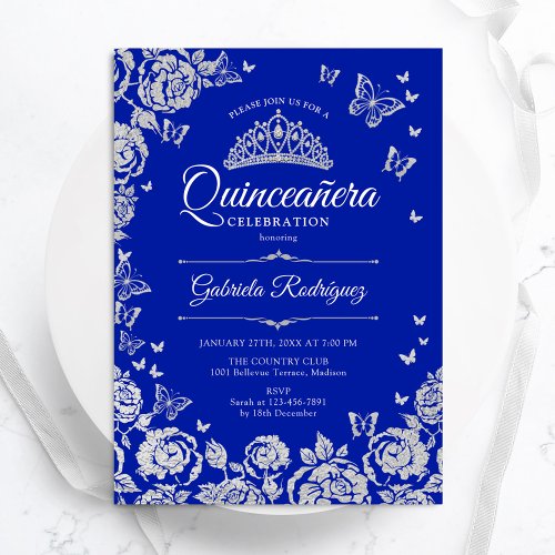 Royal Blue Silver Roses Butterflies Quinceanera Invitation