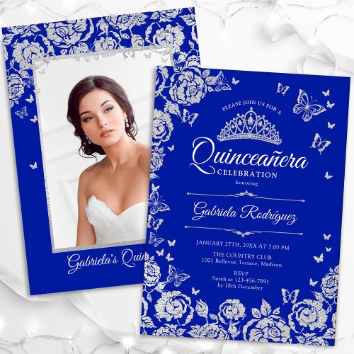 Royal Blue Silver Roses Quinceanera Photo Invitation