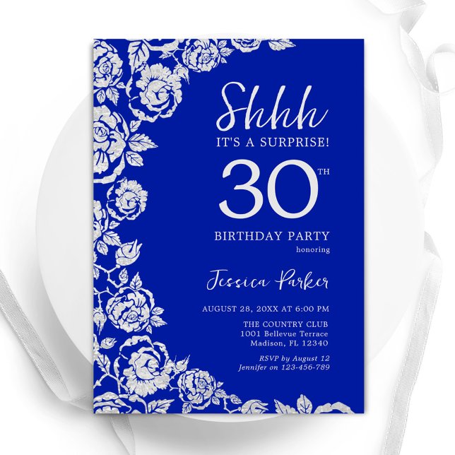 Royal Blue Silver Roses Surprise 30th Birthday Invitation (Creator Uploaded)
