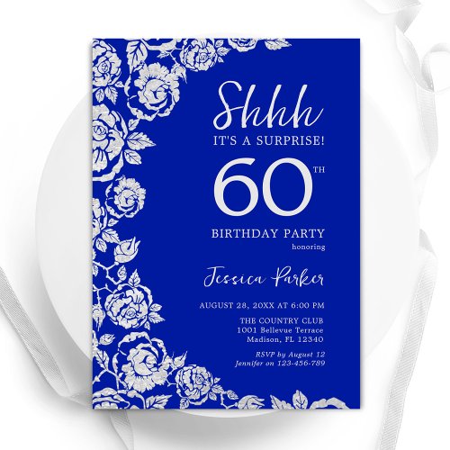 Royal Blue Silver Roses Surprise 60th Birthday Invitation