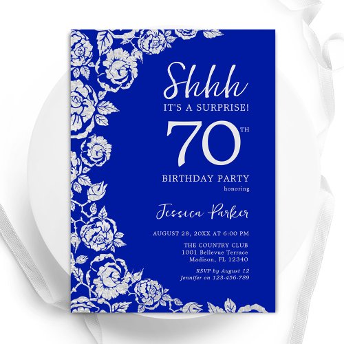 Royal Blue Silver Roses Surprise 70th Birthday Invitation