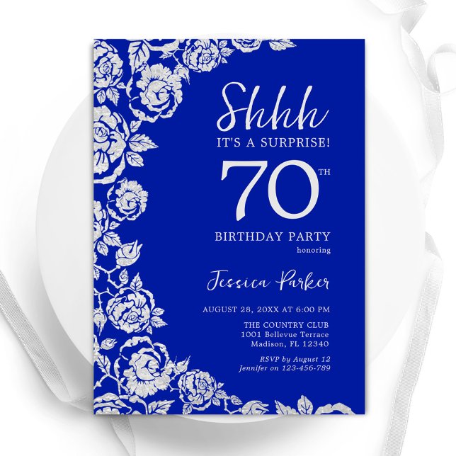Royal Blue Silver Roses Surprise 70th Birthday Invitation (Creator Uploaded)