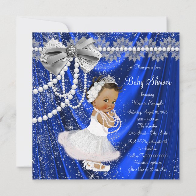 Royal Blue Silver Satin Pearl Ethnic Baby Shower Invitation (Front)