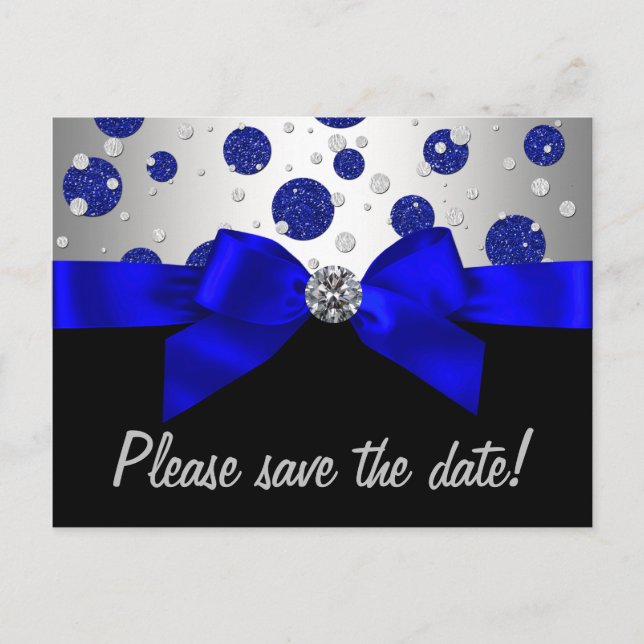Royal Blue Silver Save The Date Announcement Postcard (Front)
