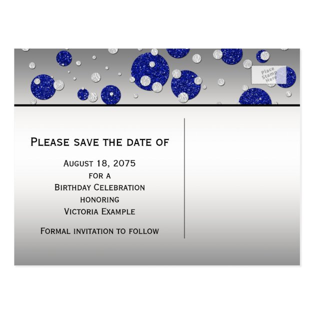 Royal Blue Silver Save The Date Postcard