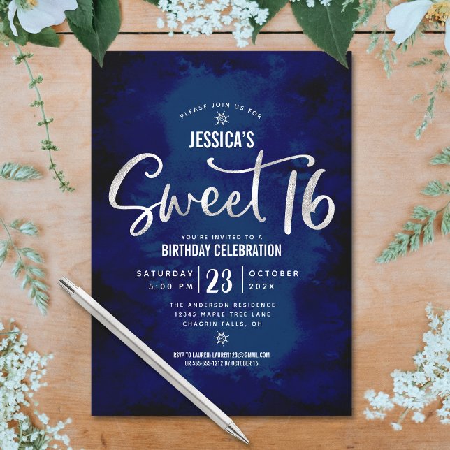 Royal Blue Silver Script Bold Sweet 16 Birthday Invitation (Creator Uploaded)