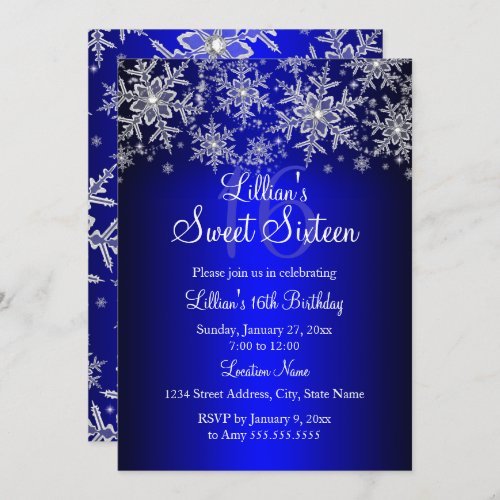 Royal Blue Silver Snowflake Sweet 16 Invitation