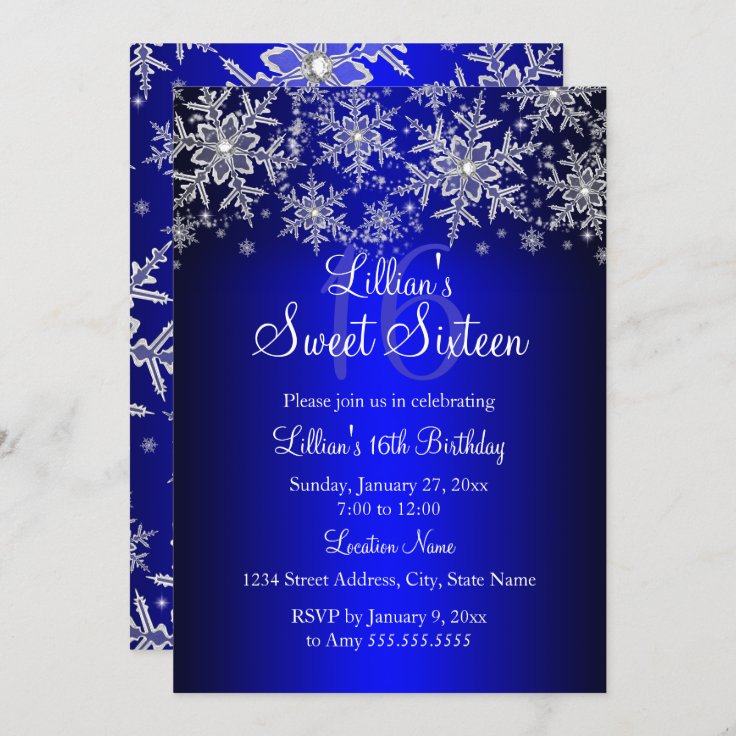 Royal Blue Silver Snowflake Sweet 16 Invitation Zazzle