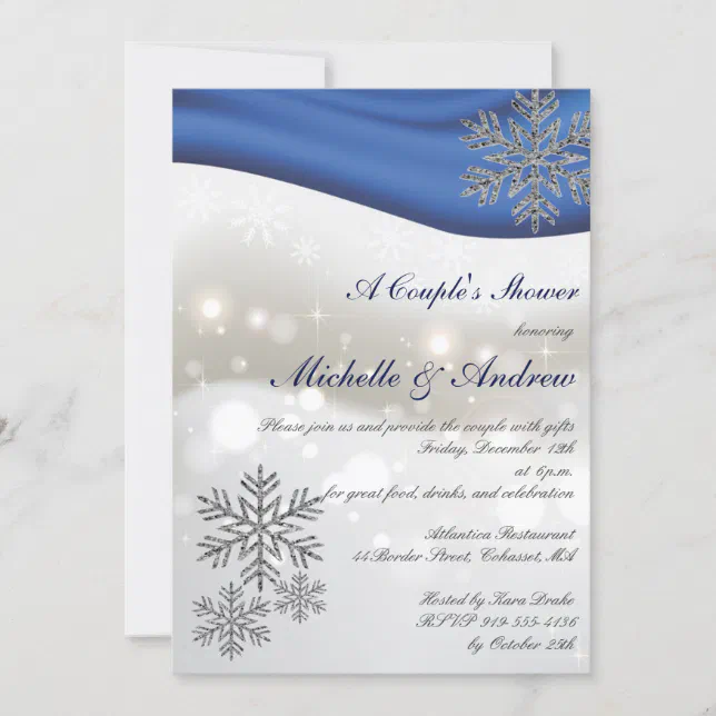 Royal Blue Silver Snowflakes Couple's Shower Invitation | Zazzle