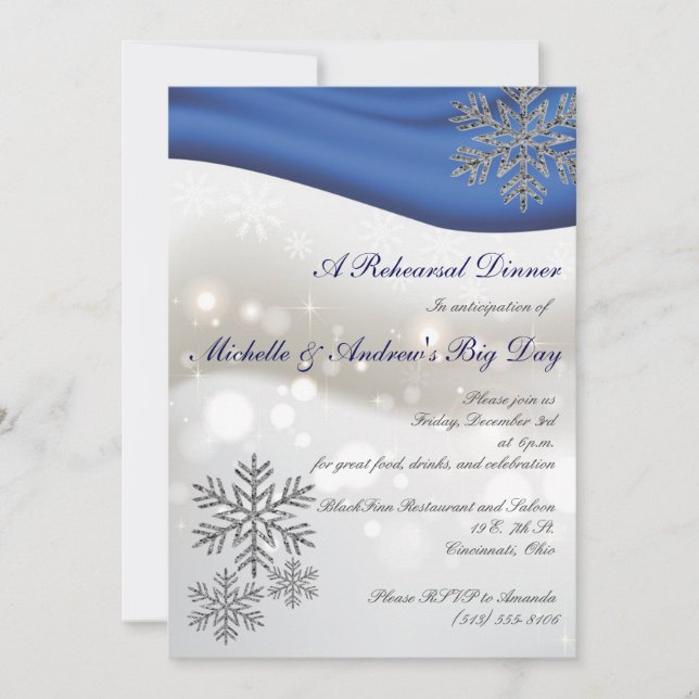 Royal Blue Silver Snowflakes Rehearsal Dinner Invitation (Front)