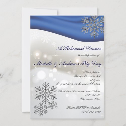 Royal Blue Silver Snowflakes Rehearsal Dinner Invitation