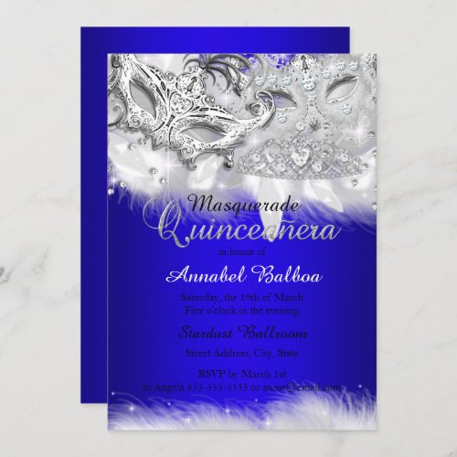 Royal Blue Silver Sparkle Masquerade Quinceanera Invitation