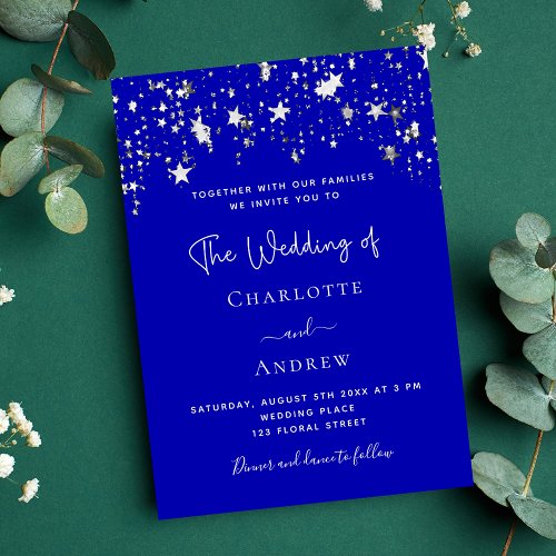 Royal blue silver stars script luxury wedding invitation