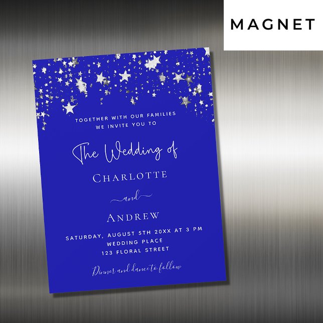 Royal blue silver stars script luxury wedding magnetic invitation (Creator Uploaded)