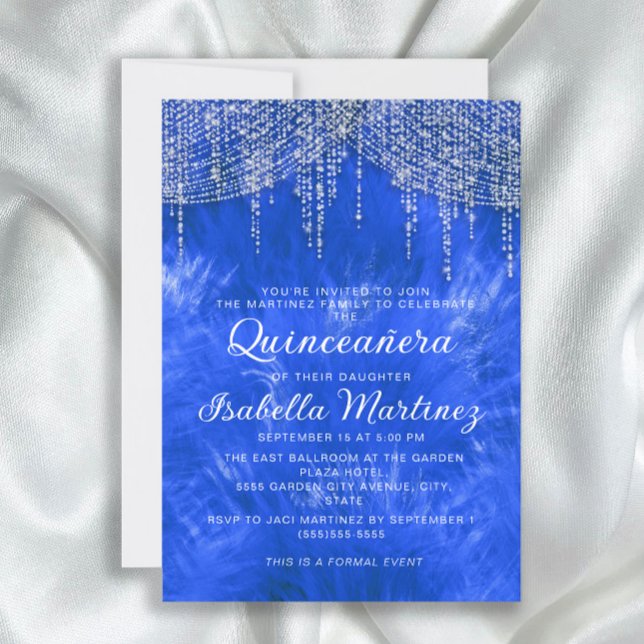 Royal Blue Silver String Light Elegant Quinceañera Invitation (Elegant royal blue and silver string lights Quinceañera invitation)