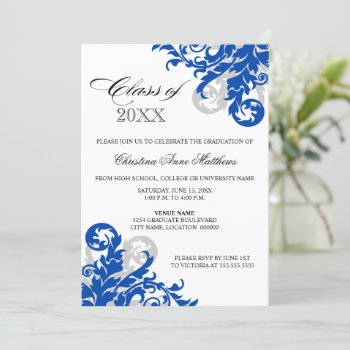 Royal Blue Silver Swirl Graduation Announcement by SocialiteDesigns at Zazzle