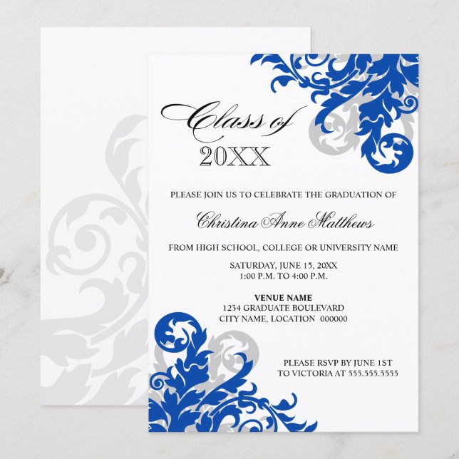 Royal Blue Silver Swirl Graduation Announcement (Front/Back)