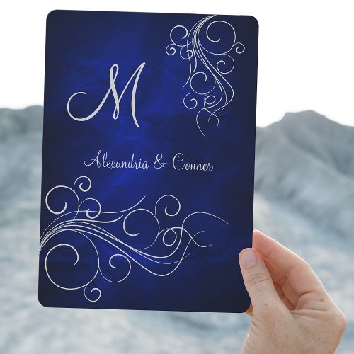 Royal Blue Silver Swirl Monogram Formal Wedding Invitation