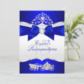 Royal Blue Silver Tiara Pearl Bow Quinceanera Invitation (Standing Front)