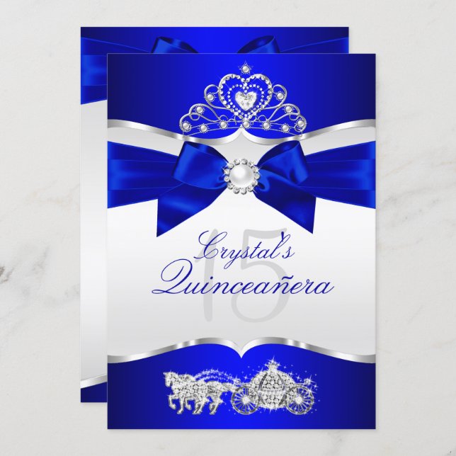 Royal Blue Silver Tiara Pearl Bow Quinceanera Invitation (Front/Back)