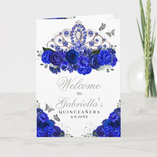 Royal Blue Silver Tiara Quinceanera Program (Front)
