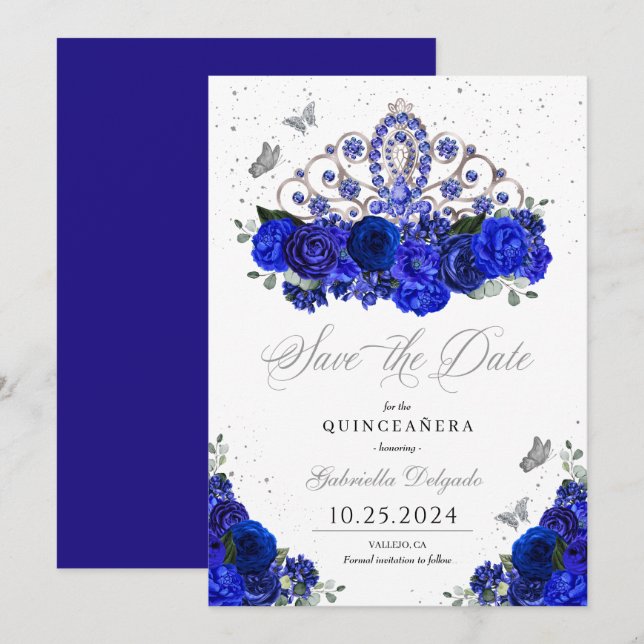 Royal Blue Silver Tiara Save The Date Quinceañera Invitation (Front/Back)