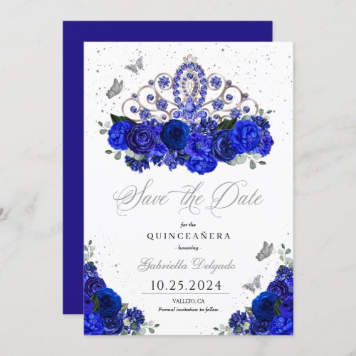 Royal Blue Silver Tiara Save The Date Quinceaera Invitation