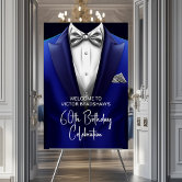 Mens Blue Gold Birthday Party Welcome Sign