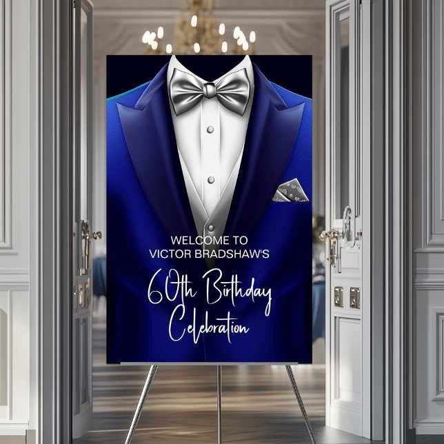 Royal Blue Silver Tuxedo Birthday Party Welcome  Foam Board (Royal blue and silver tuxedo any occasion welcome sign. Simply add your event details.)